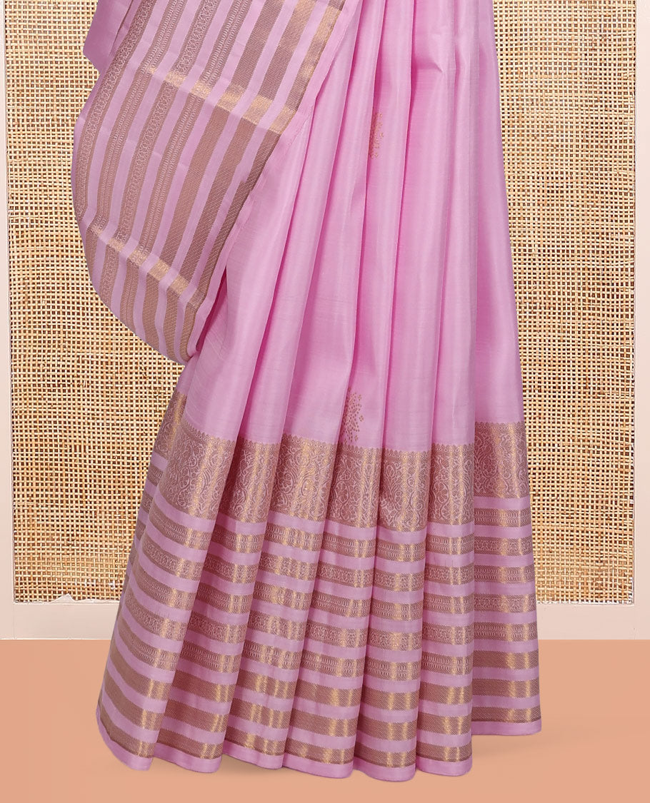 Pink Kanchipuram Silk Saree, Prettified with Zari Buttas, Highlighted by Sparsely Woven Traditional Zari Border, Grand Pallu, and Matching Blouse