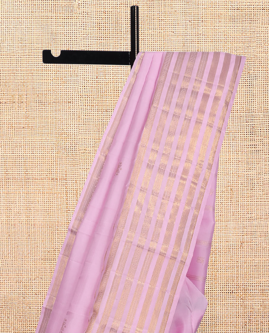 Pink Kanchipuram Silk Saree, Prettified with Zari Buttas, Highlighted by Sparsely Woven Traditional Zari Border, Grand Pallu, and Matching Blouse