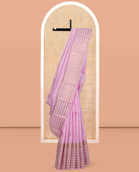 Pink Kanchipuram Silk Saree, Prettified with Zari Buttas, Highlighted by Sparsely Woven Traditional Zari Border, Grand Pallu, and Matching Blouse