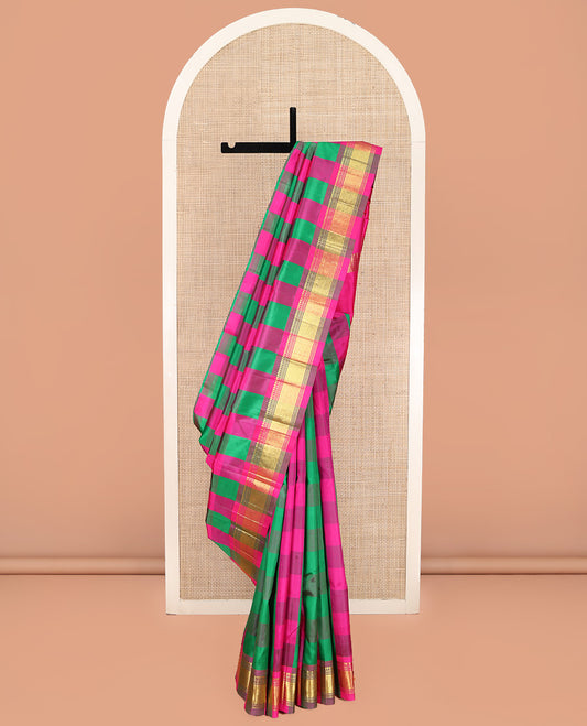 Multi-Color Kanchipuram Silk Saree, Enthralled with Checked Design on Its Body, Highlighted by a Zari One-Sided Border of Panner Sombu, Muthu, Banaras, and Jaal Designs, Pallu of Zari Designs, and Comes Without a Blouse