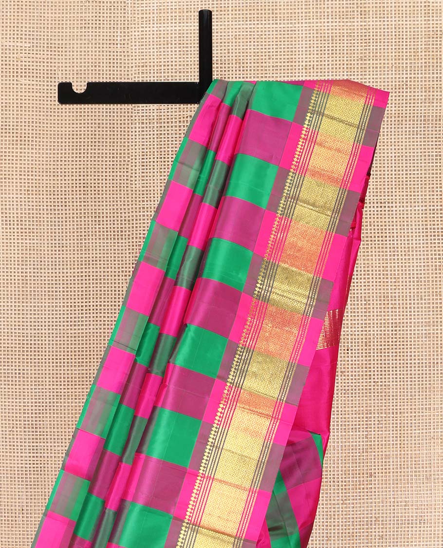 Multi-Color Kanchipuram Silk Saree, Enthralled with Checked Design on Its Body, Highlighted by a Zari One-Sided Border of Panner Sombu, Muthu, Banaras, and Jaal Designs, Pallu of Zari Designs, and Comes Without a Blouse