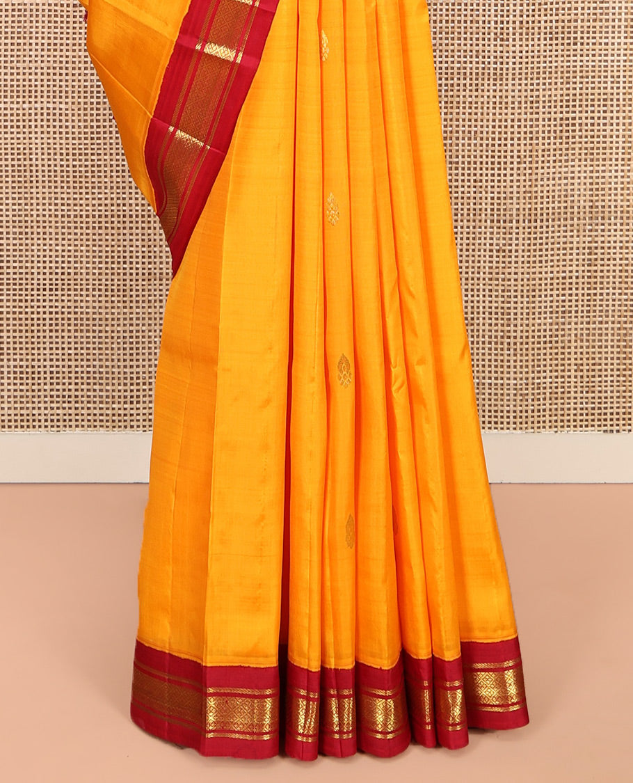 Yellow Kanchipuram Silk Saree, Woven with Zari Buttas, Contrast One-Sided Korvai Border of Banaras and Jaal Designs, Zari Design Pallu, and No Blouse