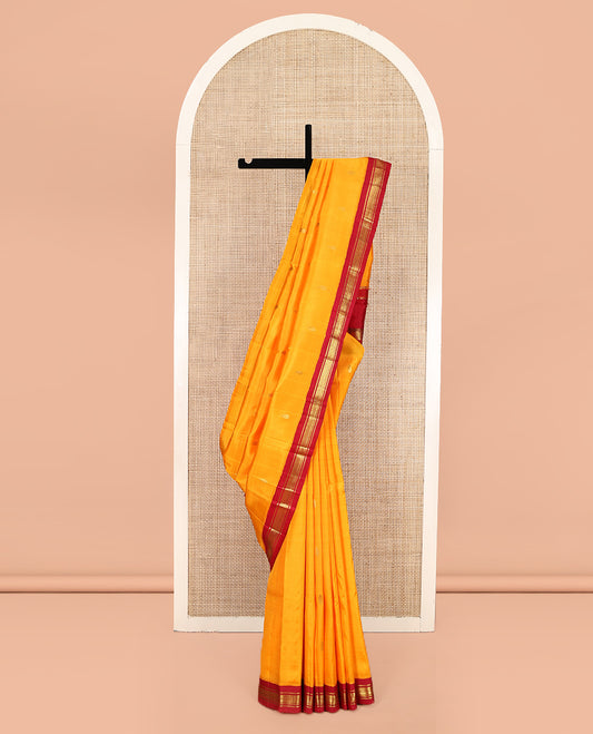 Yellow Kanchipuram Silk Saree, Woven with Zari Buttas, Contrast One-Sided Korvai Border of Banaras and Jaal Designs, Zari Design Pallu, and No Blouse