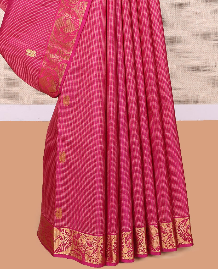 Pink Kanchipuram Silk Saree, Woven with Checks and Mayil Buttas, Highlighted by Bird Motif Woven Border, Zari Striped Pallu, and a Matching Blouse