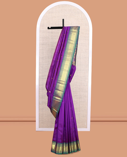 Purple Kanchipuram Silk Saree, Accentuated with Zari Buttas, a Contrast One-Sided Border of Paneer Sombu, Banaras and Jaal Design, Zari Design Pallu, and No Blouse