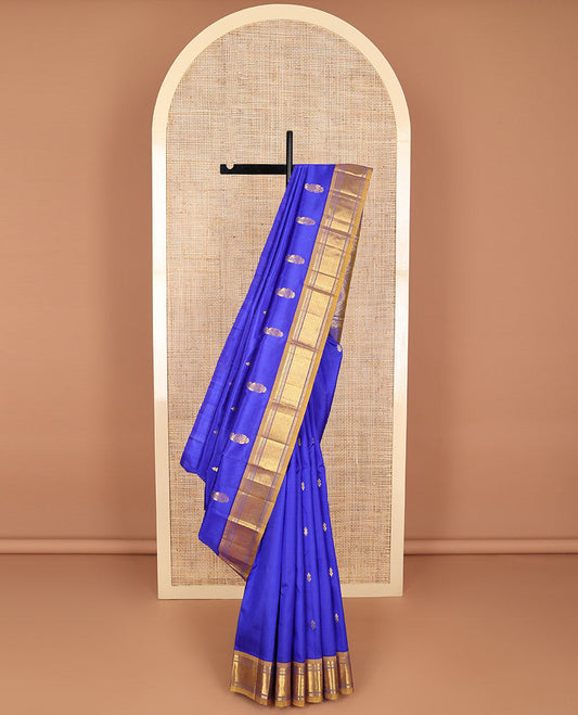 Ink blue buttas kancheepuram silk saree with contrast korvai intricate zari design border & floral design pallu
