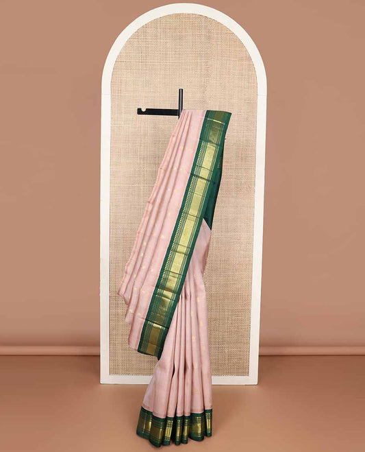 baby pink buttas kancheepuram silk saree with contrast korvai border of rekku, muthu, banaras, checked design & zari design pallu
