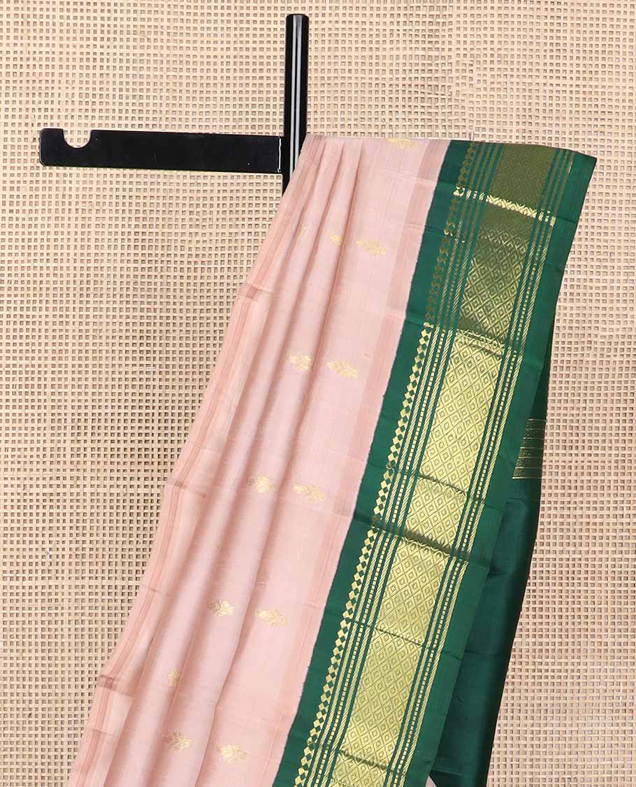 baby pink buttas kancheepuram silk saree with contrast korvai border of rekku, muthu, banaras, checked design & zari design pallu