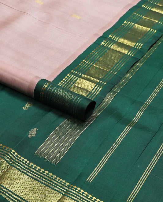 baby pink buttas kancheepuram silk saree with contrast korvai border of rekku, muthu, banaras, checked design & zari design pallu