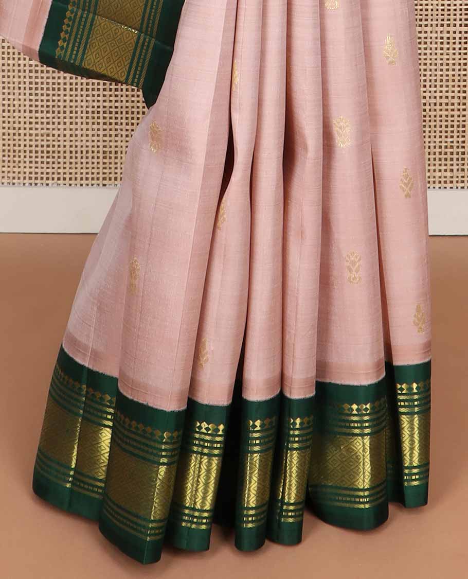 baby pink buttas kancheepuram silk saree with contrast korvai border of rekku, muthu, banaras, checked design & zari design pallu