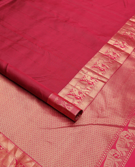 Crimson plain Kanchipuram silk saree, zari border of Muthu, mayil kann & yaanai designs & jaal pallu