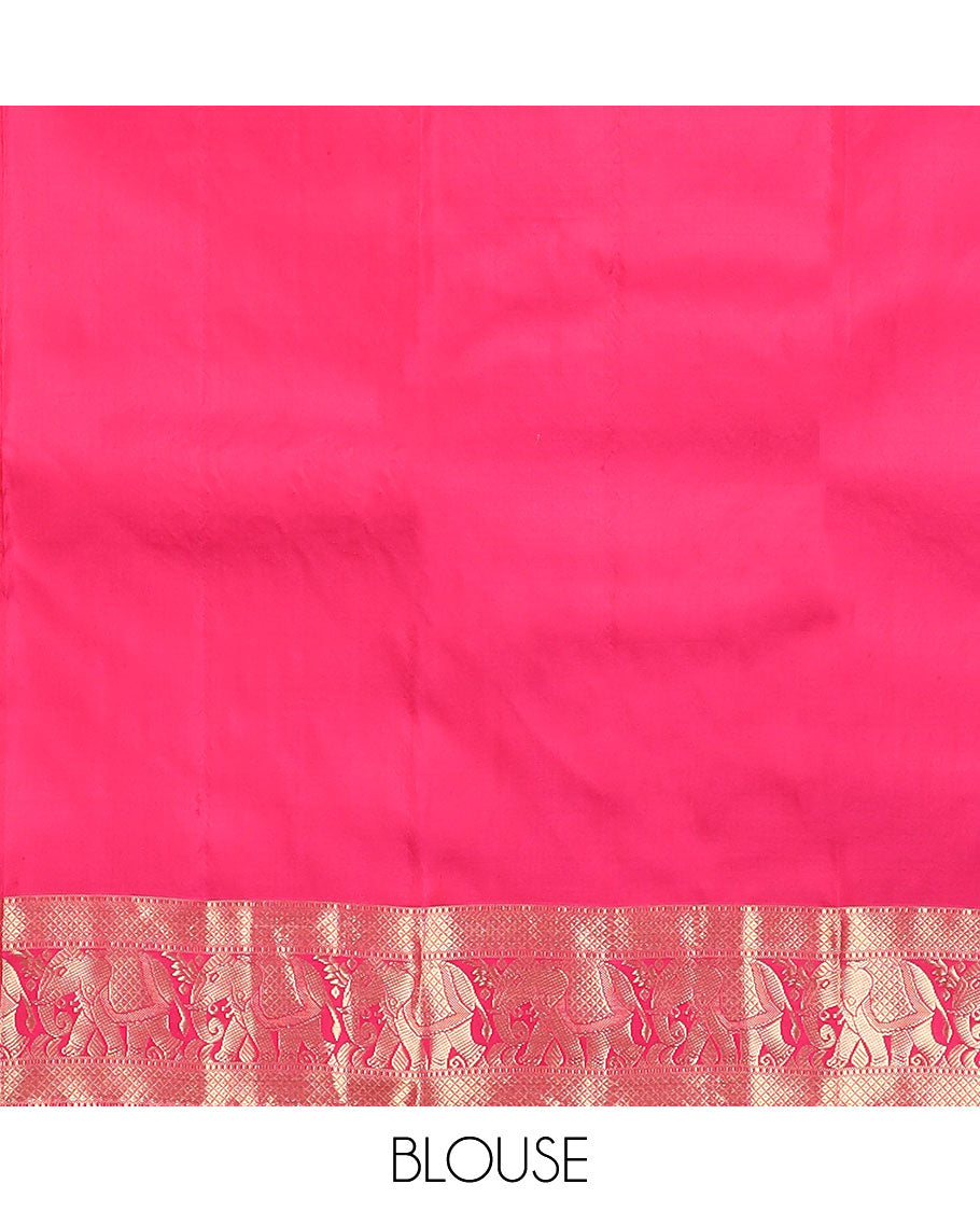 Crimson plain Kanchipuram silk saree, zari border of Muthu, mayil kann & yaanai designs & jaal pallu
