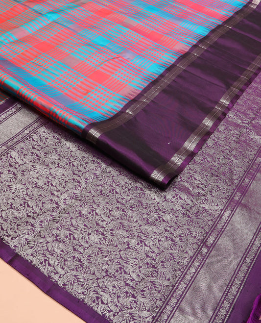 Multi-color checked Kanchipuram silk saree, contrast thazampoo rekku rettai pettu border, and vanasingaram-style flora-fauna motifs woven pallu