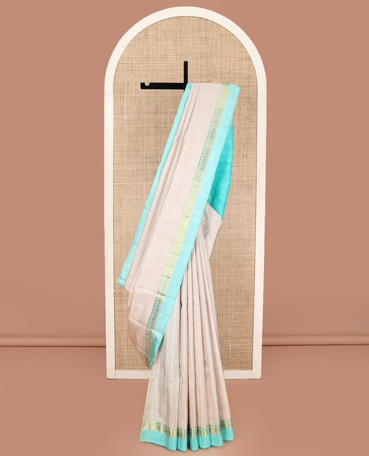 Off-White Kanchipuram Silk Saree, Accentuated with Micro-Checked Design All Over Its Body, Complemented by Contrast Kal Erangina Border of Thilakam Mokku, Banaras, Muthu, and Mayil Designs, Subtly Zari Striped Pallu, and Paired with a Contrast Blouse