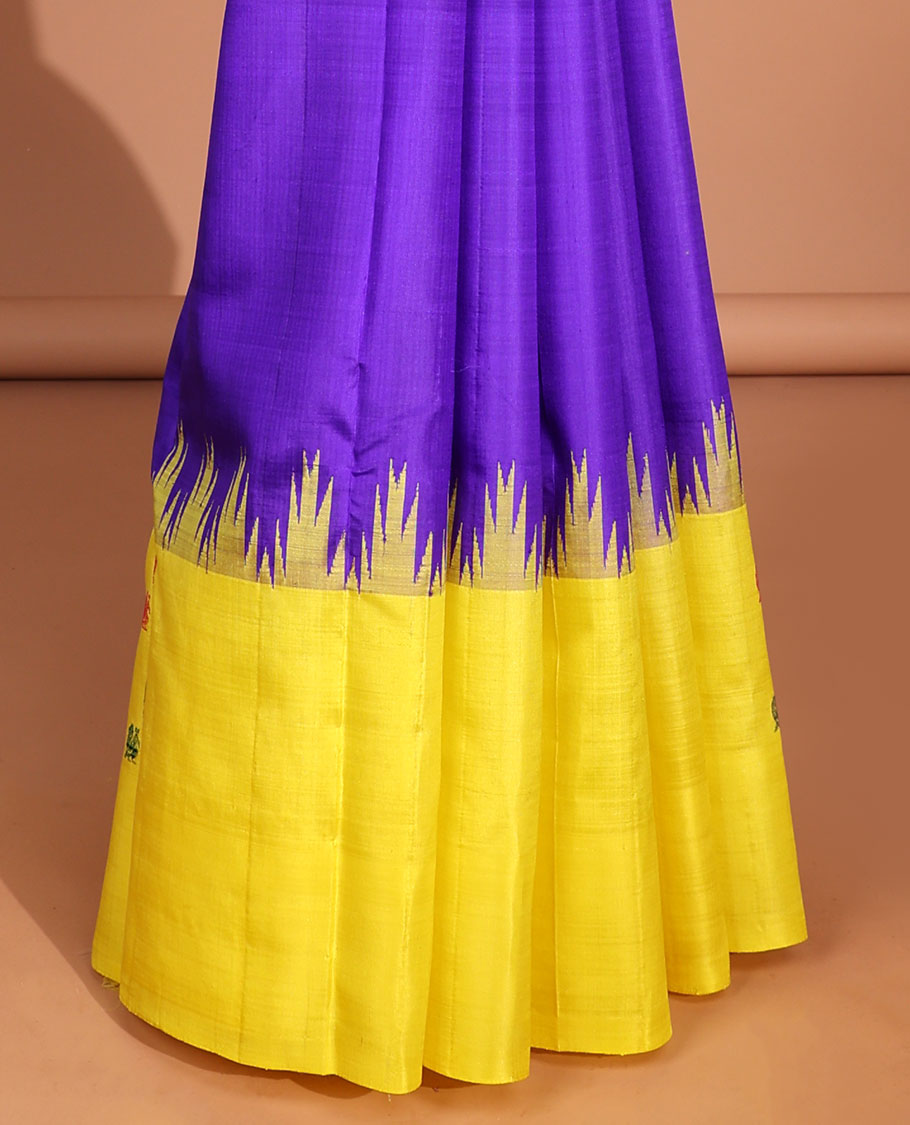 Violet peacock buttas kanchi puram silk saree with contrast temple , butta border & peacock buttas striped pallu