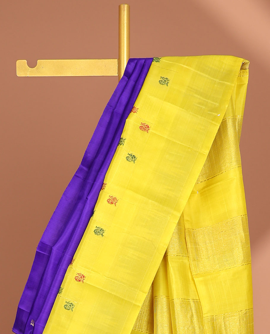 Violet peacock buttas kanchi puram silk saree with contrast temple , butta border & peacock buttas striped pallu