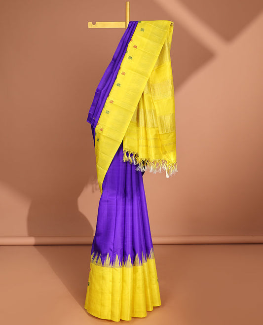 Violet peacock buttas kanchi puram silk saree with contrast temple , butta border & peacock buttas striped pallu