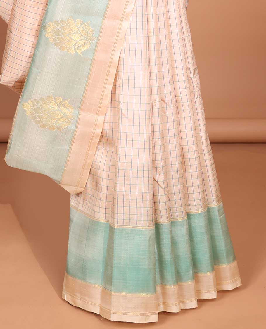 Cream  checked kancheepuram silk saree with contrast zari design border & striped ,floral design pallu