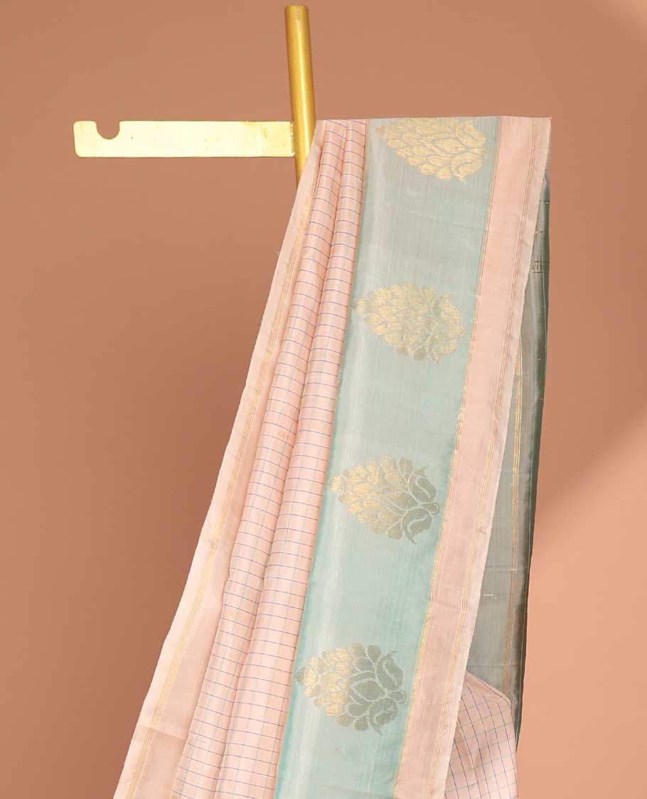 Cream  checked kancheepuram silk saree with contrast zari design border & striped ,floral design pallu