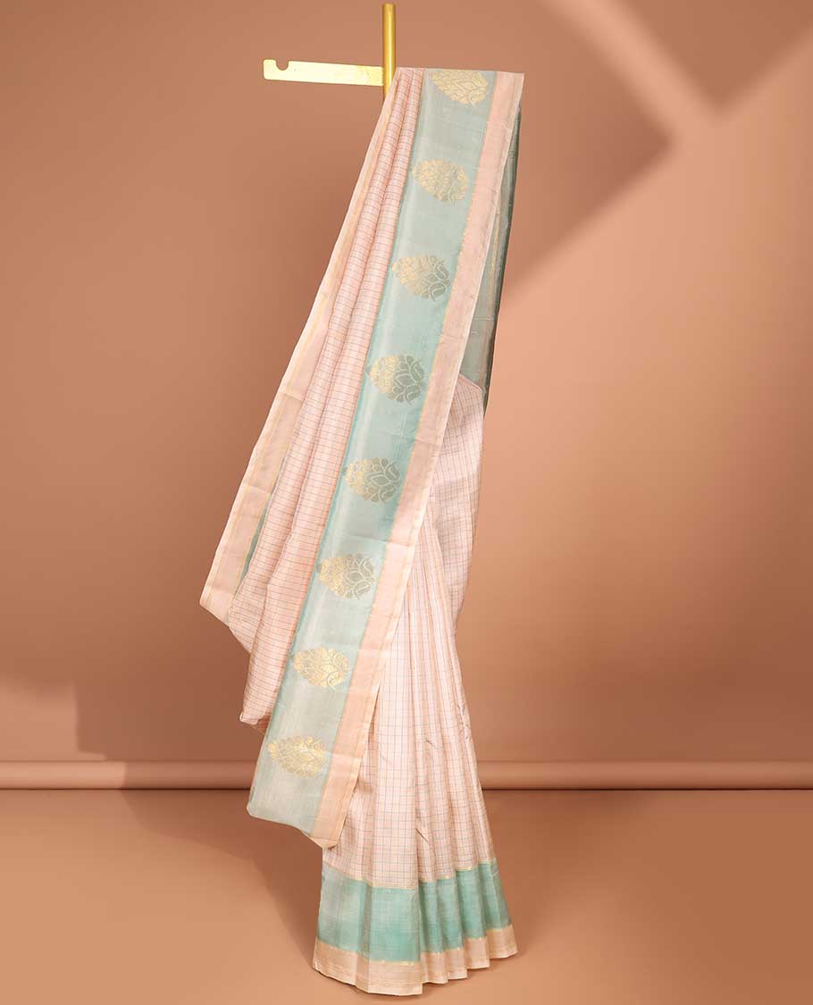 Cream  checked kancheepuram silk saree with contrast zari design border & striped ,floral design pallu