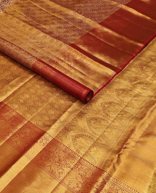 Light brown floral design kancheepuram silk saree with contrast border of thilakam mokku, muthu, kathir, kuyil kann design & zari design pallu