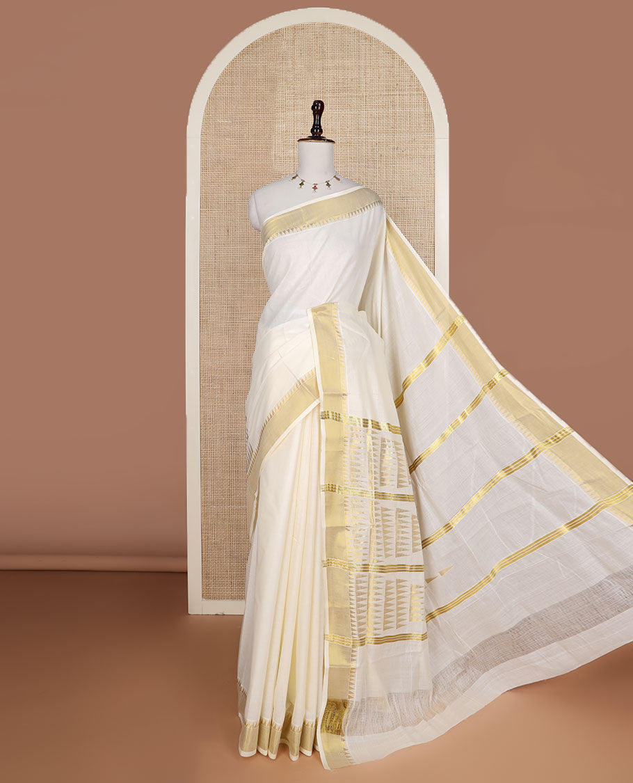 Cream temple zari design Kerala saree, zari temple border, and pallu features temple designs