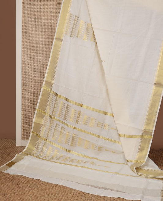 Cream temple zari design Kerala saree, zari temple border, and pallu features temple designs