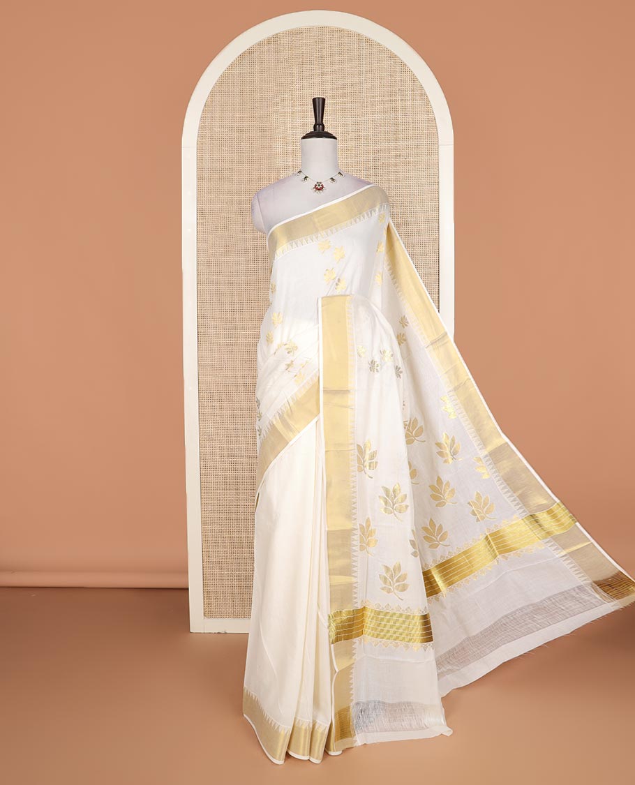 Cream leaf buttas Kerala cotton saree, zari temple border, and leaf zari design pallu