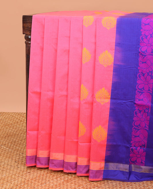 Pink kuppadam cotton saree with floral buttas, contrast plain border & pallu of intricate designs