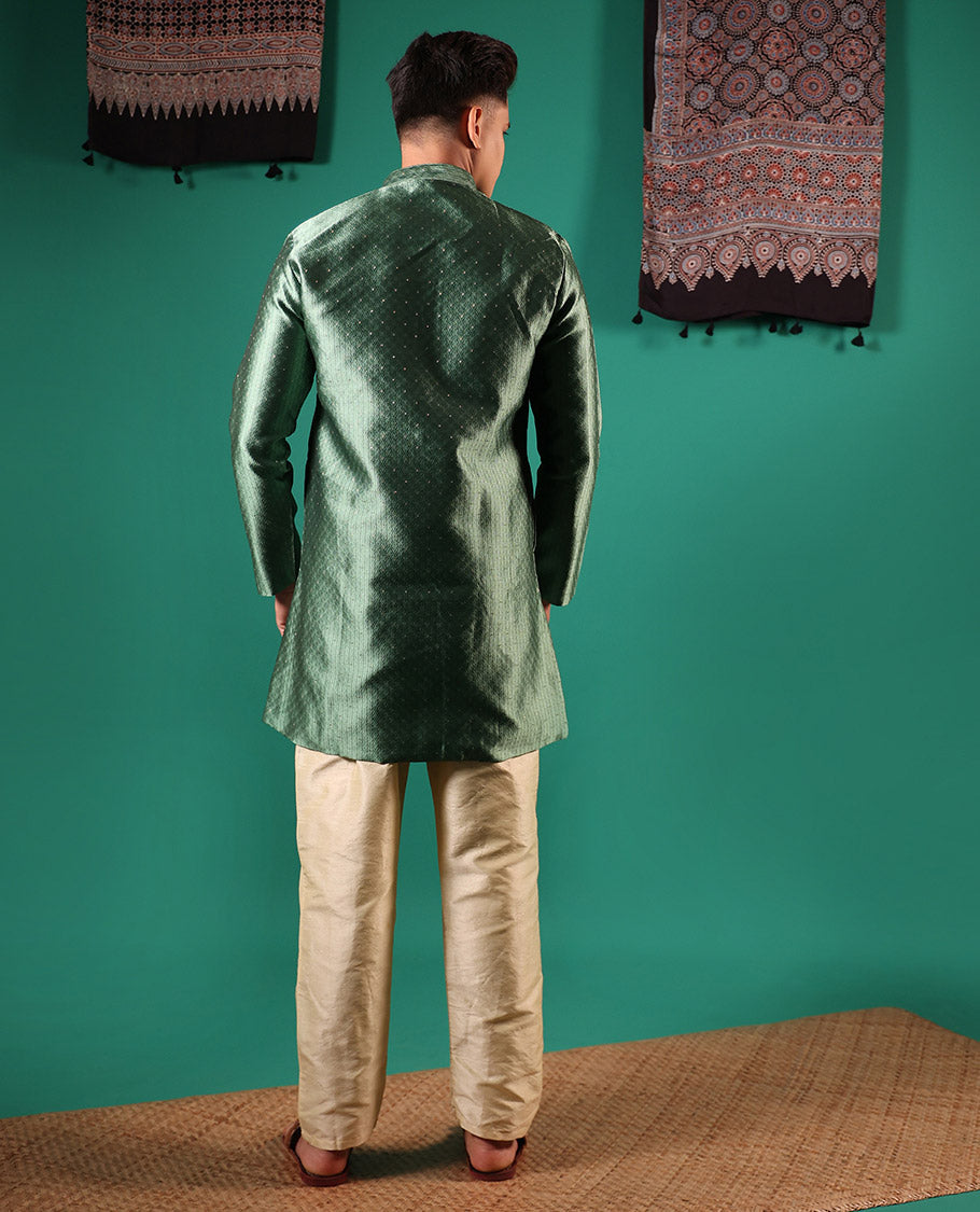 Green unique patterns embossed with glitter dotted full-sleeved men's kurta