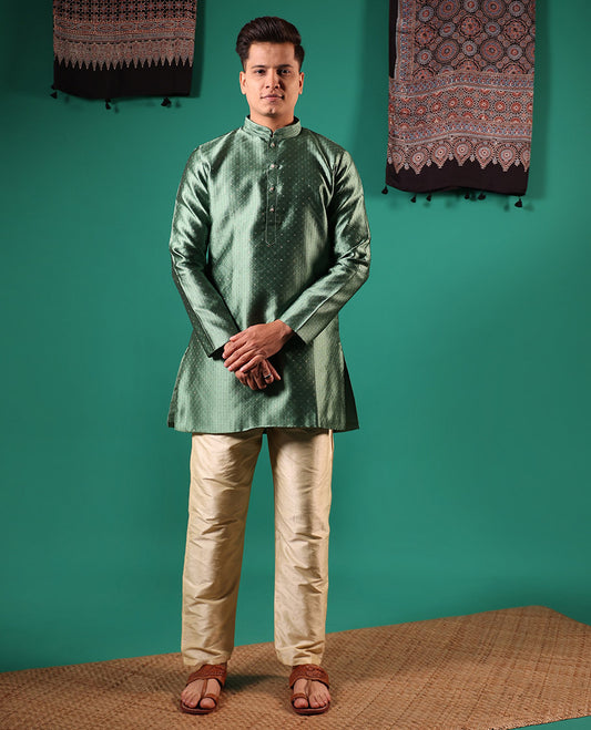 Green unique patterns embossed with glitter dotted full-sleeved men's kurta