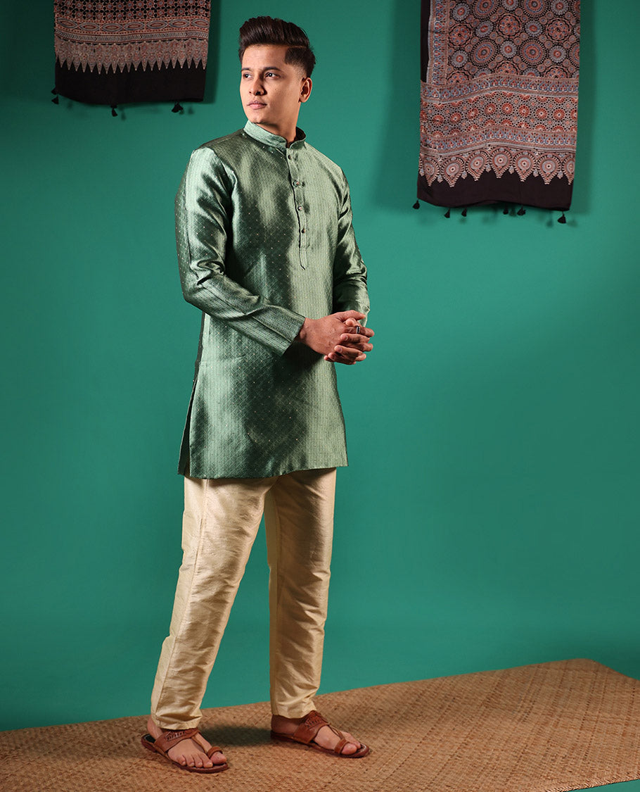 Green unique patterns embossed with glitter dotted full-sleeved men's kurta