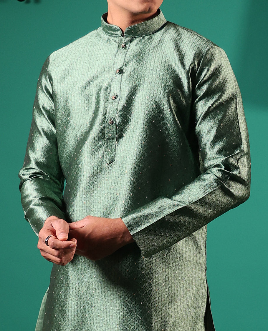 Green unique patterns embossed with glitter dotted full-sleeved men's kurta