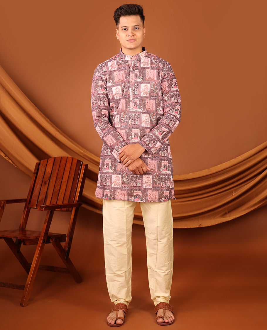 Pink Mughal-Style Stories Printed and Sequins Work Full-Sleeved Men's Kurta