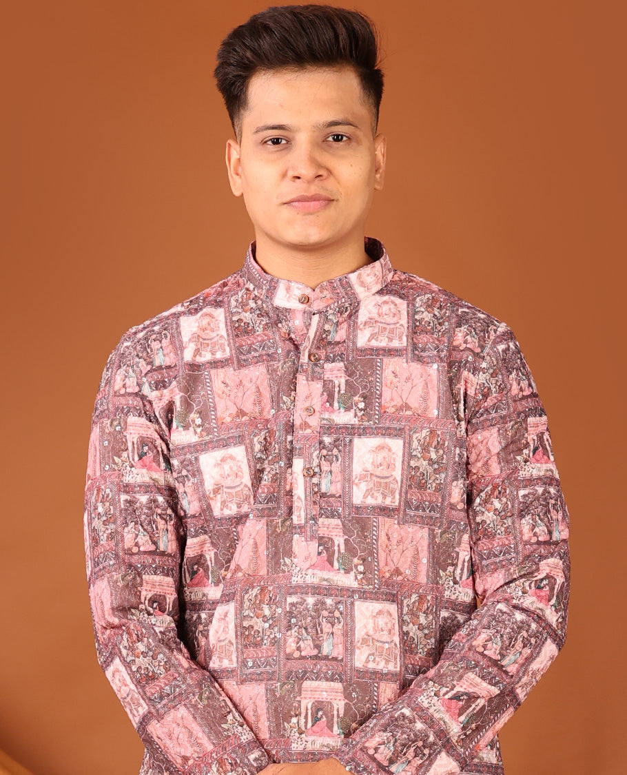 Pink Mughal-Style Stories Printed and Sequins Work Full-Sleeved Men's Kurta