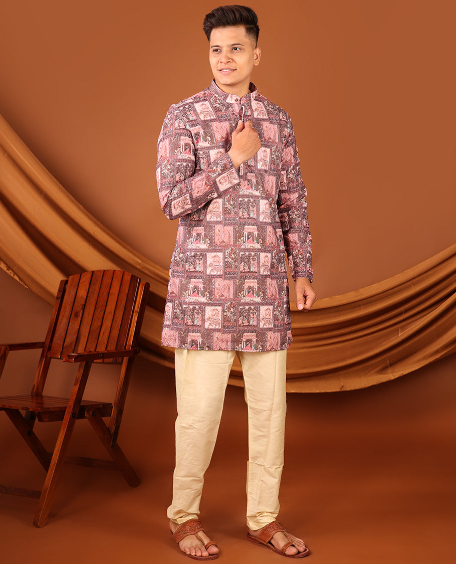 Pink Mughal-Style Stories Printed and Sequins Work Full-Sleeved Men's Kurta