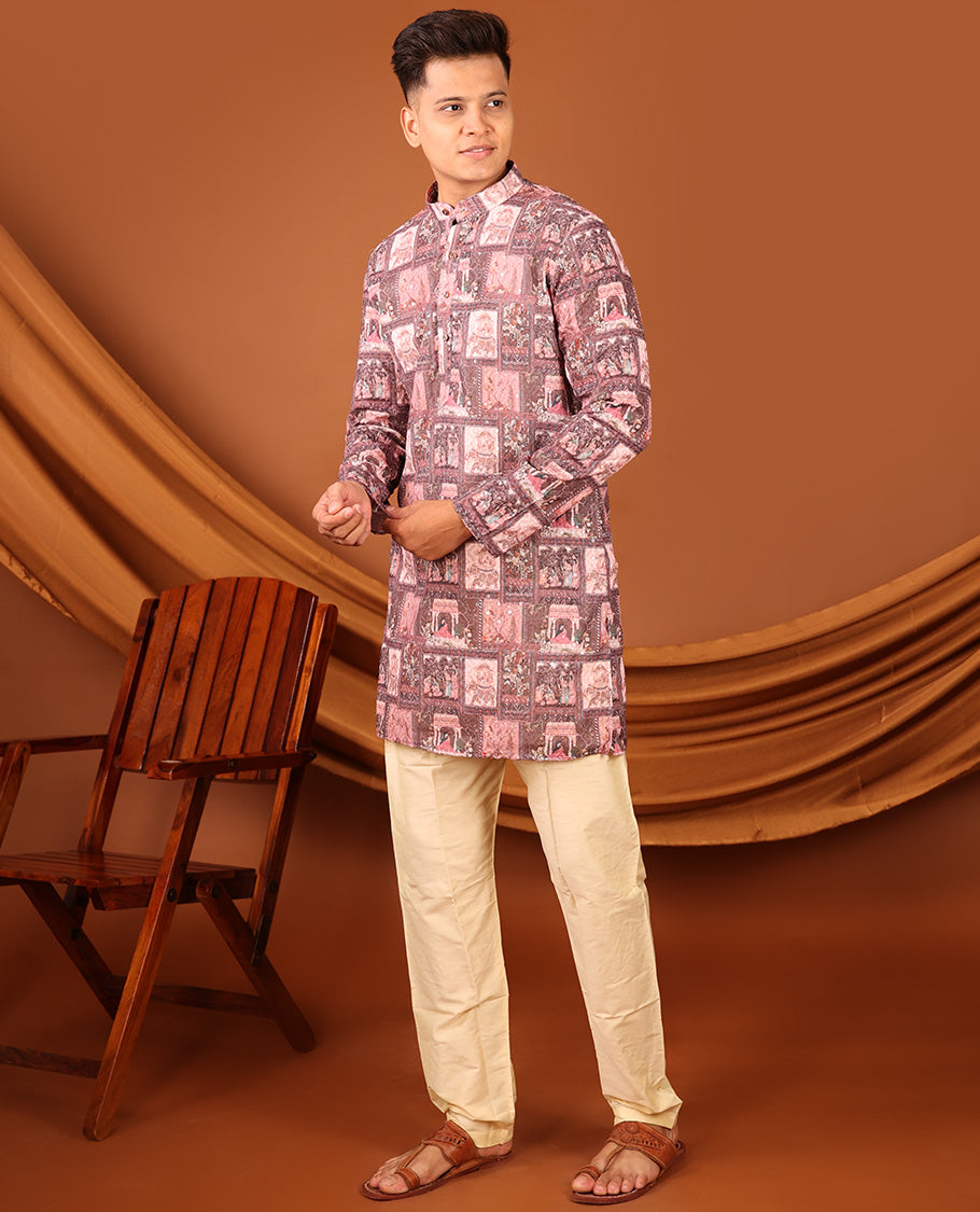 Pink Mughal-Style Stories Printed and Sequins Work Full-Sleeved Men's Kurta