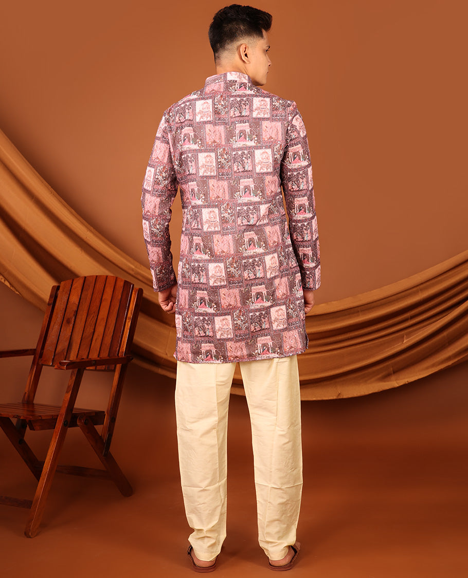 Pink Mughal-Style Stories Printed and Sequins Work Full-Sleeved Men's Kurta