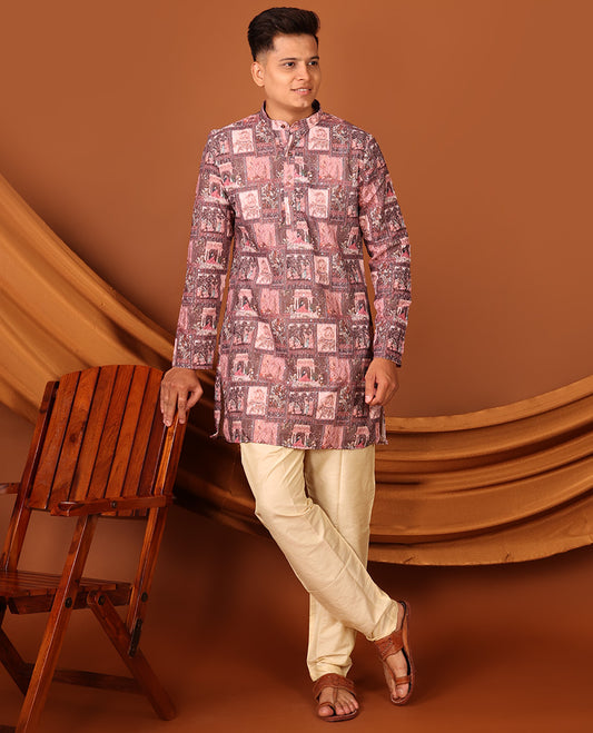 Pink Mughal-Style Stories Printed and Sequins Work Full-Sleeved Men's Kurta