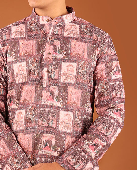 Pink Mughal-Style Stories Printed and Sequins Work Full-Sleeved Men's Kurta