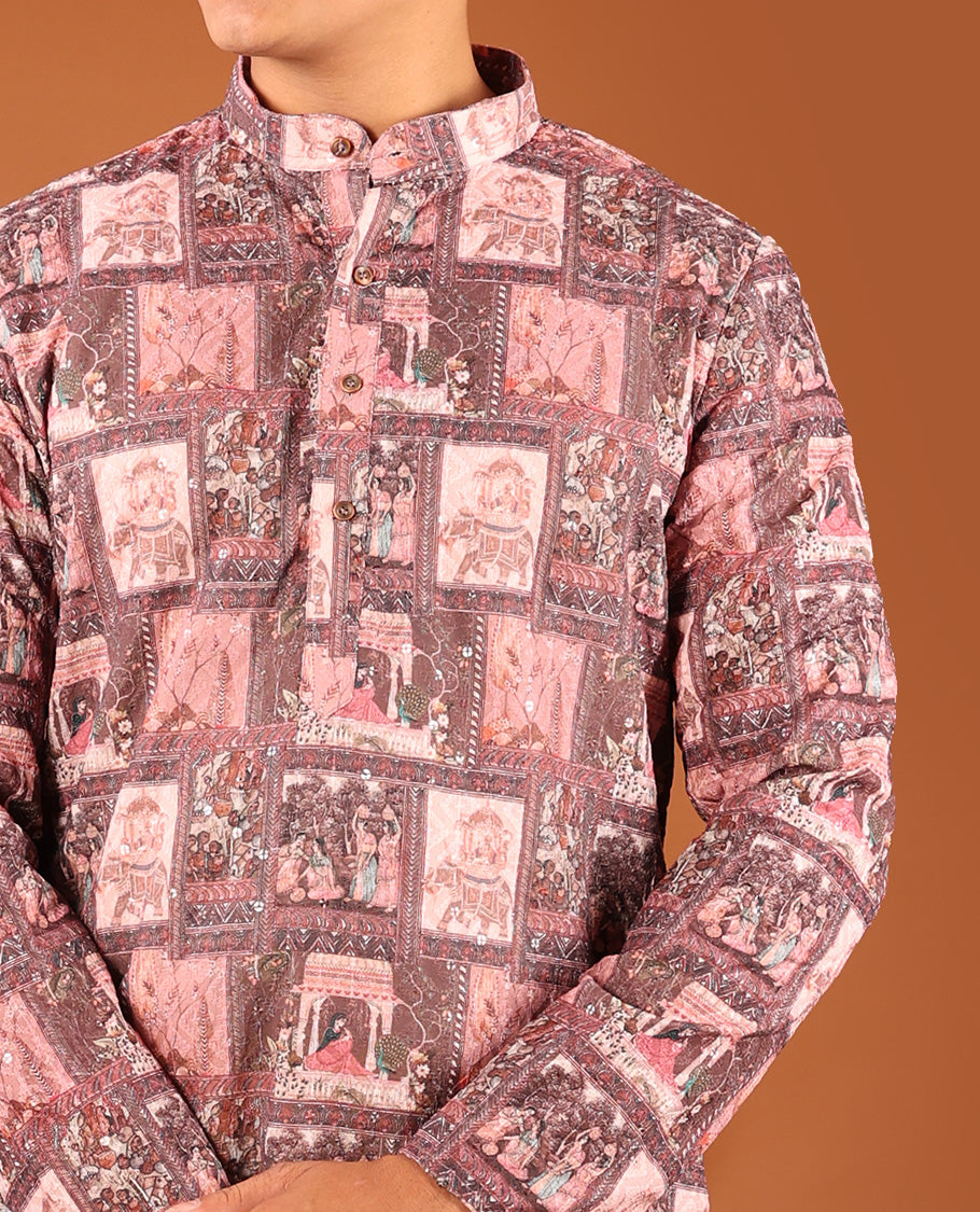 Pink Mughal-Style Stories Printed and Sequins Work Full-Sleeved Men's Kurta