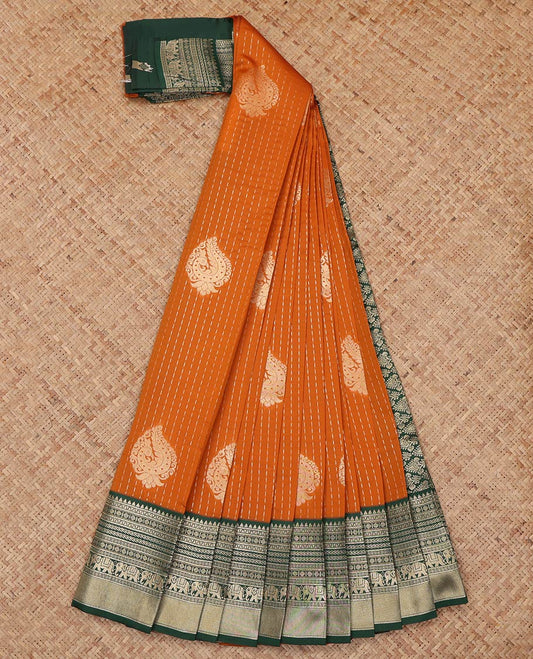 Orange Litchi Saree, Beautified with Zari Buttas, a Contrast Traditional Zari Border, Grand Pallu, and a Contrast Blouse