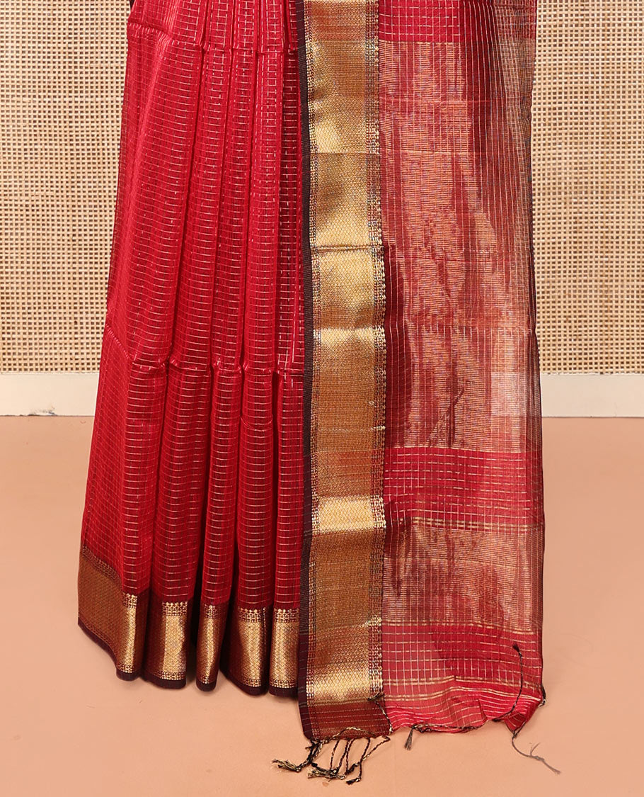 Red Maheshwari Cotton Saree, Enriched with Micro-Checked Design All Over Its Body, Highlighted by Traditional Zari Border, Pallu Steeped with Floral Designs, and Paired with a Matching Blouse