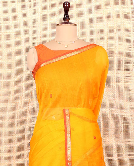 Yellow Maheshwari Cotton Saree, Adorned With Buttas All Over Its Body, Complemented by Suble Contrast Piping Border,  Pallu of Buttas and Paired with a Contrast Blouse
