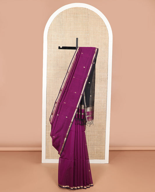 Purple motifs maheswari cotton saree with contrast zari border & floral design pallu