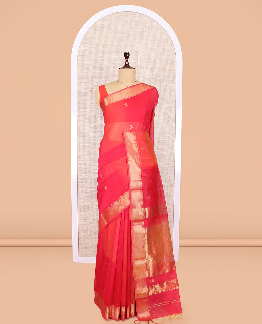 Pink Maheshwari Cotton Saree, Embellished with Buttas, Highlighted by a Traditional Zari Border, Zari Gleamed Up Pallu, and Matching Blouse