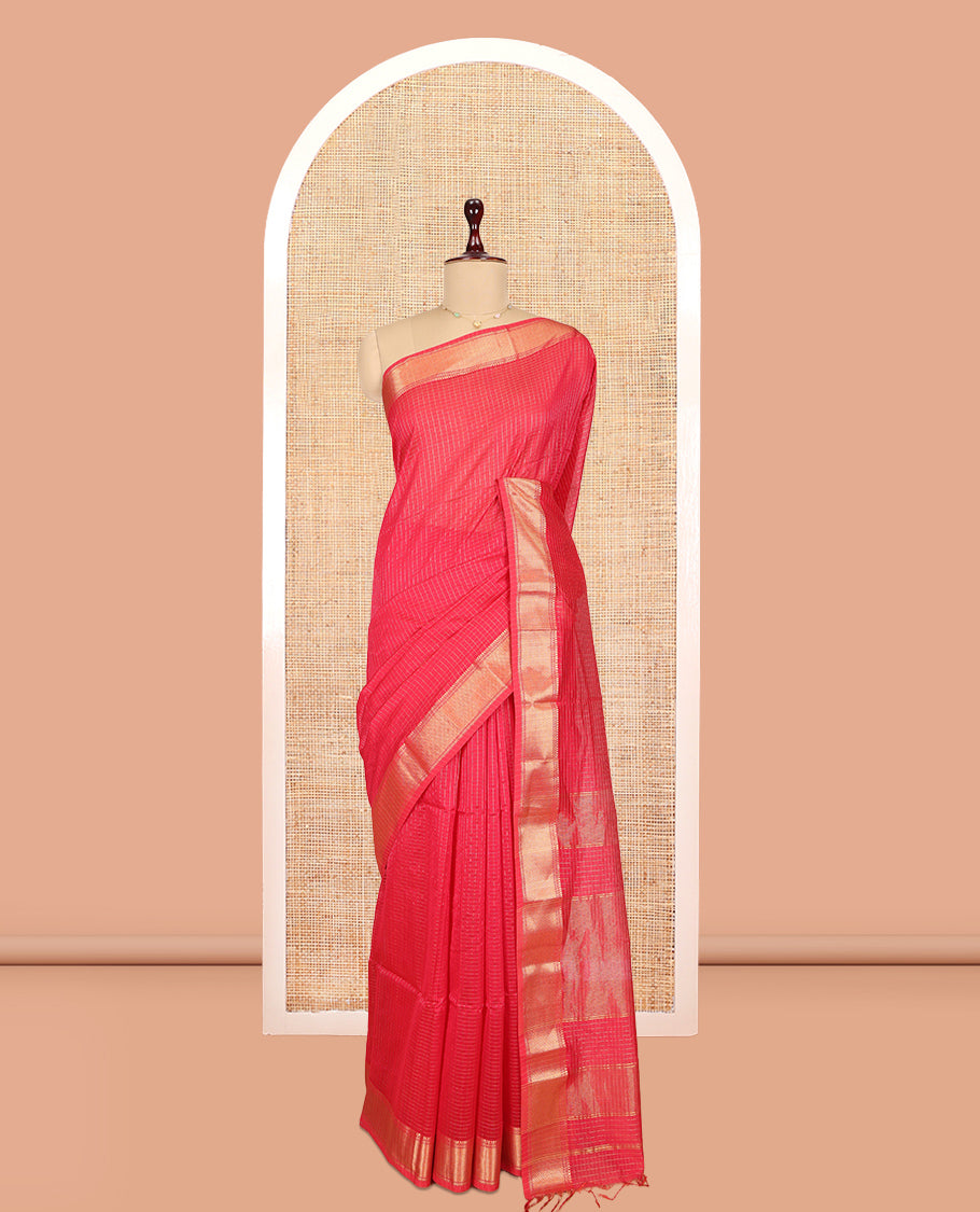 Pink Maheshwari Cotton Saree, Gleamed Up with Zari Checks, a Traditional Zari Border, Zari Striped Pallu, and a Matching Blouse