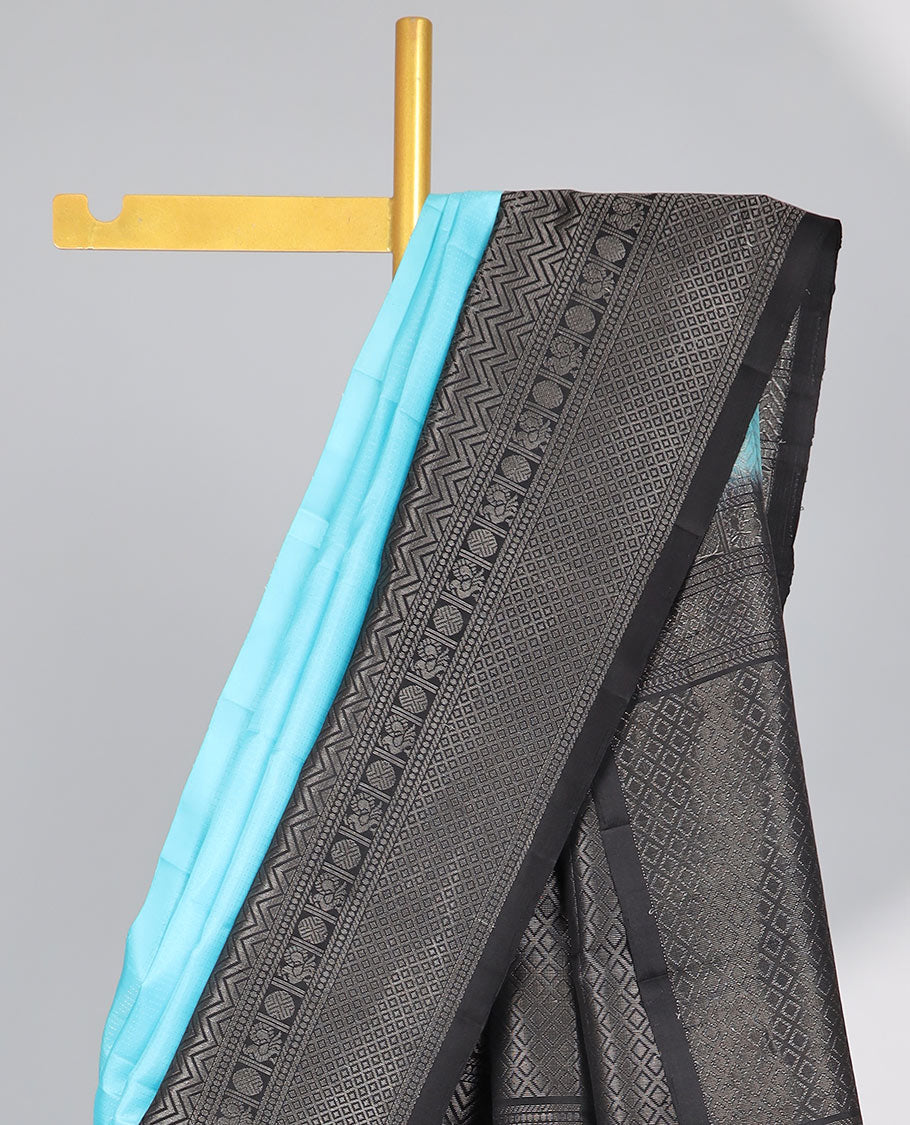 Blue Mayur soft silk saree with contrast zari design border and argyle pattern pallu