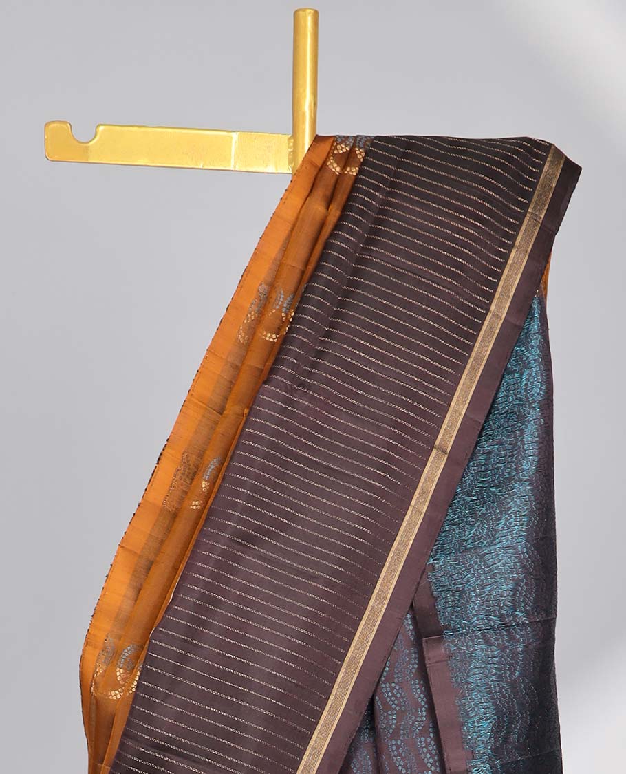 Brown intricate design soft silk saree with contrast striped border & leaf design pallu