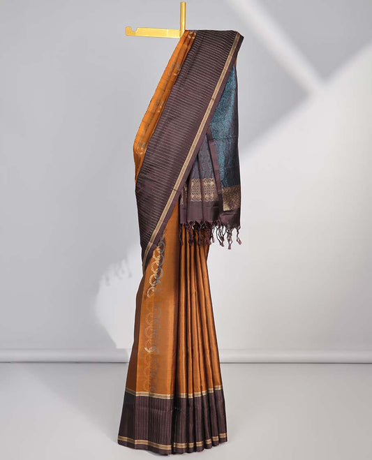 Brown intricate design soft silk saree with contrast striped border & leaf design pallu